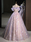 A-Line Off Shoulder Tulle Lace Purple Long Evening Prom Dress, Purple Evening Dress