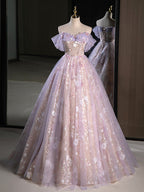 A-Line Off Shoulder Tulle Lace Purple Long Classy Prom Dress, Purple Classy Dress