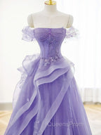 A-Line Off Shoulder Tulle Lace Purple Long Evening Prom Dress, Purple Lace Long Evening Dress
