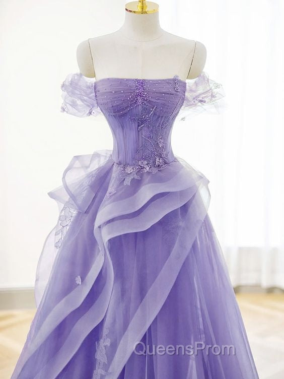 A-Line Off Shoulder Tulle Lace Purple Long Evening Prom Dress, Purple Lace Long Evening Dress