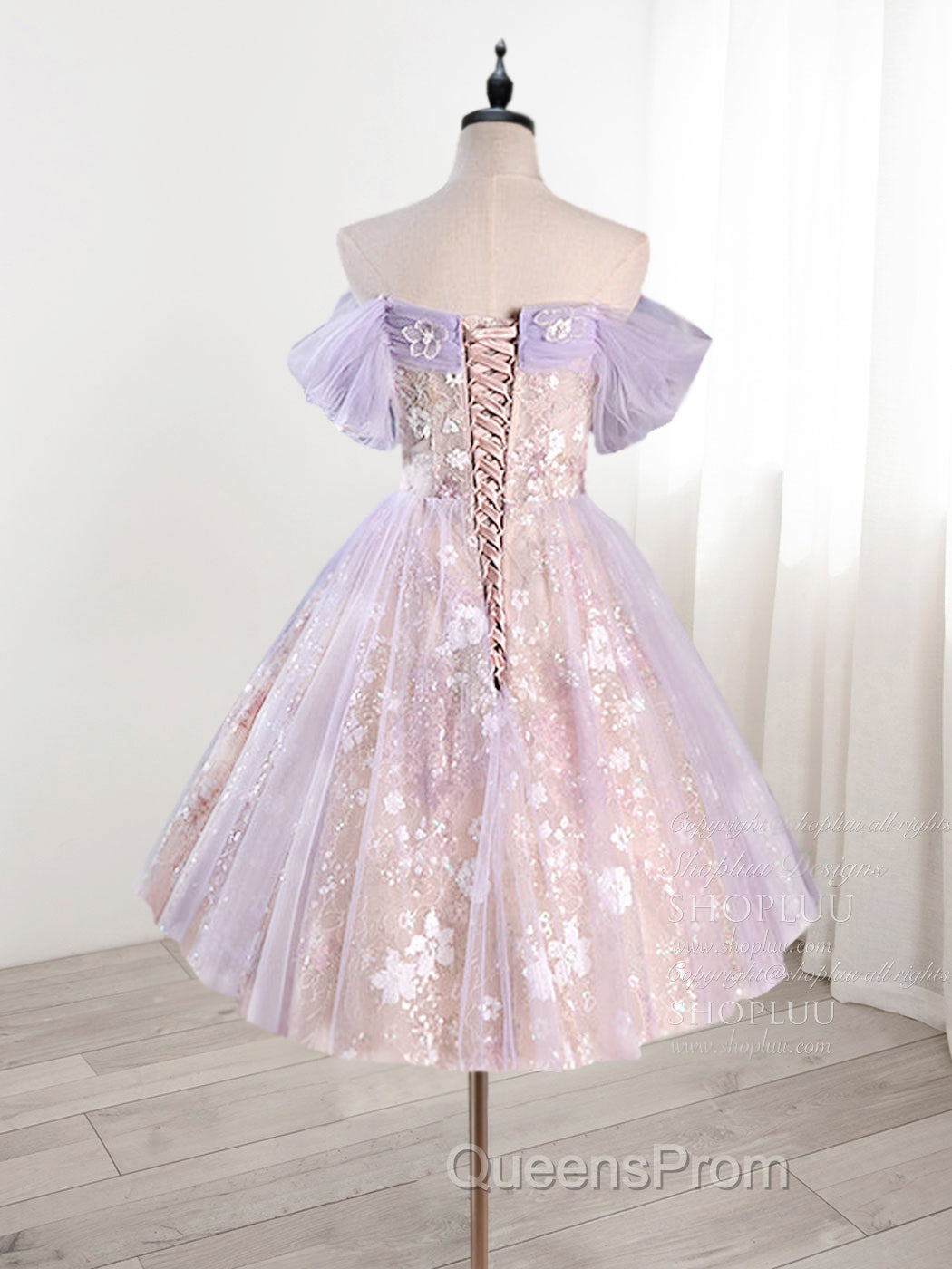 A-Line Off Shoulder Tulle Lace Purple Short Evening Prom Dress, Cute Purple Homecoming Dress Secondary image