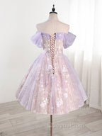 A-Line Off Shoulder Tulle Lace Purple Short Evening Prom Dress, Cute Purple Homecoming Dress