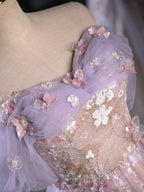 A-Line Off Shoulder Tulle Lace Purple Short Evening Prom Dress, Cute Purple Homecoming Dress