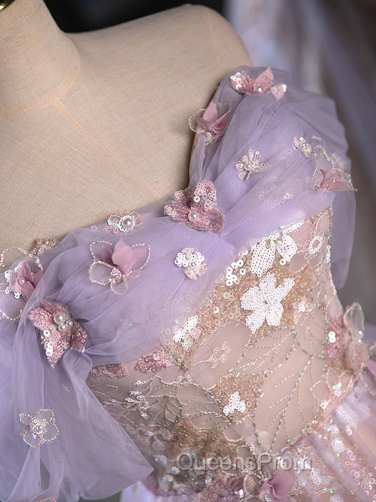 A-Line Off Shoulder Tulle Lace Purple Short Evening Prom Dress, Cute Purple Homecoming Dress