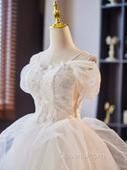 A-Line Off Shoulder Tulle Lace Short Evening Prom Dress, White Homecoming Dress