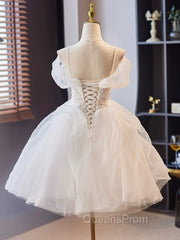 A-Line Off Shoulder Tulle Lace Short Evening Prom Dress, White Homecoming Dress