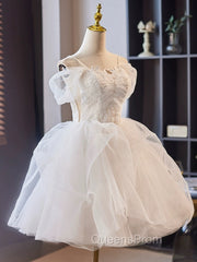 A-Line Off Shoulder Tulle Lace Short Evening Prom Dress, White Homecoming Dress
