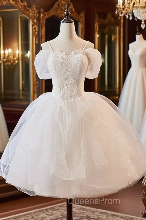 A-Line Off Shoulder Tulle Lace Short Evening Prom Dress, White Homecoming Dress