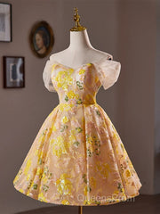 A-Line Off Shoulder Tulle Lace Short Yellow Evening Prom Dress, Yellow Homecoming Dress