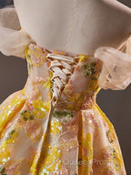 A-Line Off Shoulder Tulle Lace Short Yellow Evening Prom Dress, Yellow Homecoming Dress