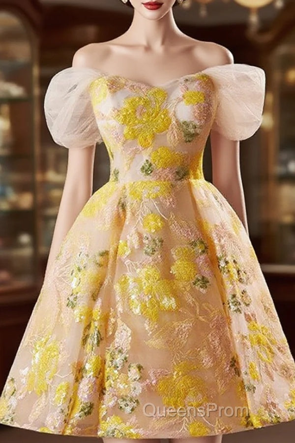 A-Line Off Shoulder Tulle Lace Short Yellow Evening Prom Dress, Yellow Homecoming Dress Main image