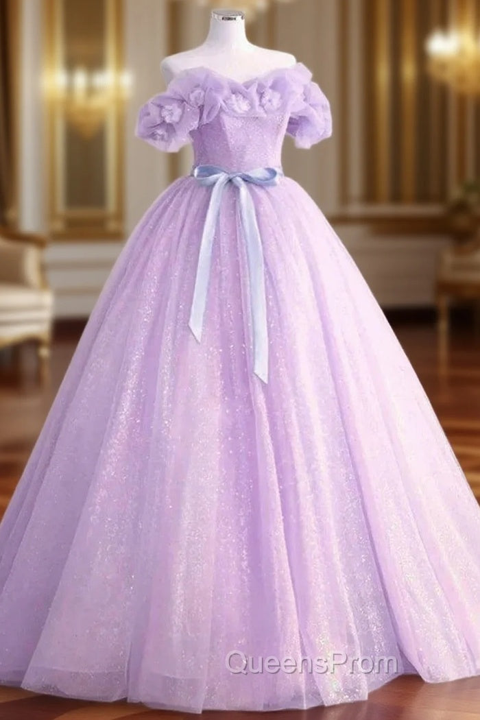 A-Line Off Shoulder Tulle Lavender Long Evening Prom Dress