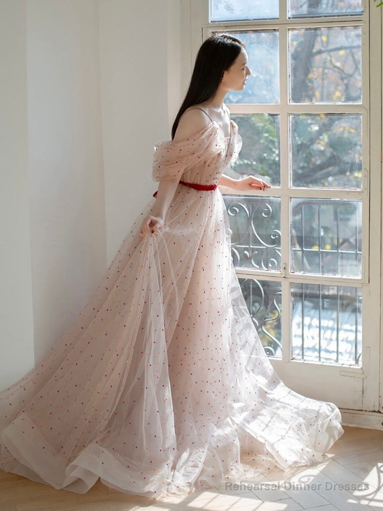 A-Line Off Shoulder Tulle Light Pink Long Prom Dress, Long Formal Dress Secondary image