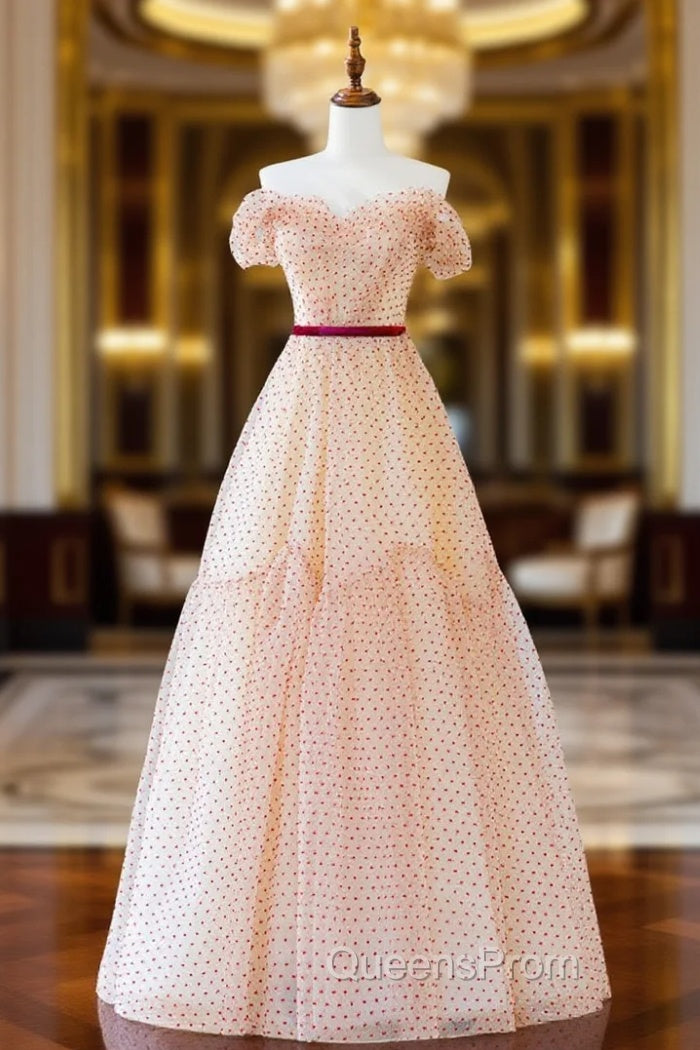 A-Line Off Shoulder Tulle Long Evening Prom Dress, Champagne Evening Dress