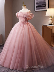 A-Line Off Shoulder Tulle Pink Long Evening Prom Dress, Pink Long Formal Dress