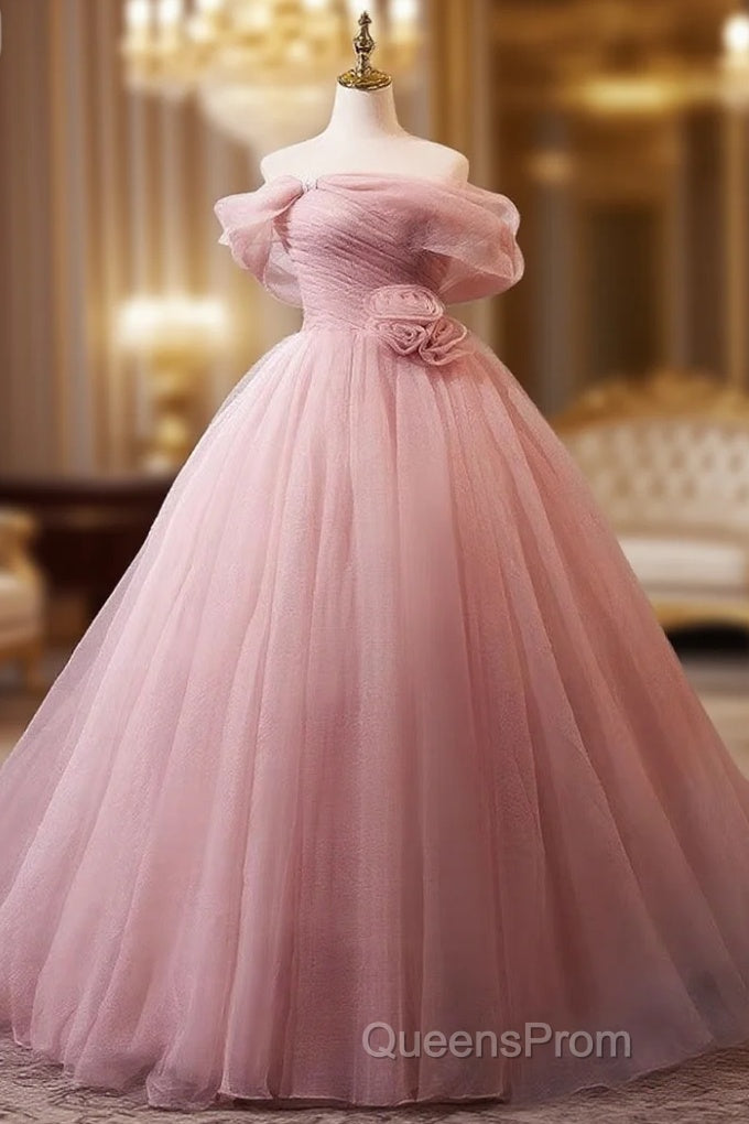 A-Line Off Shoulder Tulle Pink Long Evening Prom Dress, Pink Long Formal Dress Main image