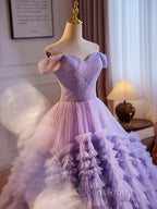 A-Line Off Shoulder Tulle Purple Long Evening Prom Dress, Purple Long Evening Dress