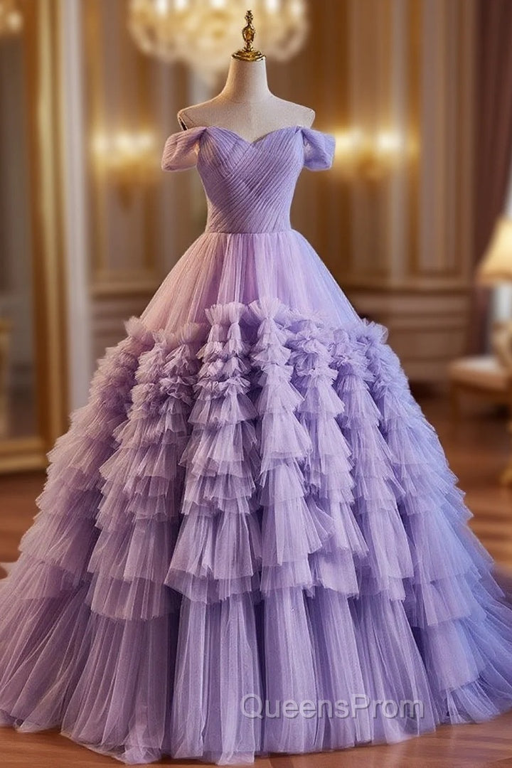 A-Line Off Shoulder Tulle Purple Long Evening Prom Dress, Purple Long Evening Dress Main image