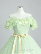 A-Line Off Shoulder Tulle Sage Green Long Evening Prom Dress