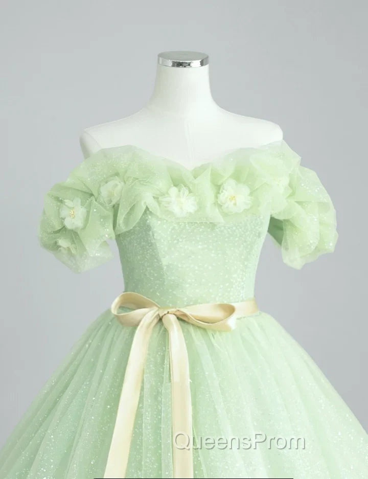 A-Line Off Shoulder Tulle Sage Green Long Evening Prom Dress