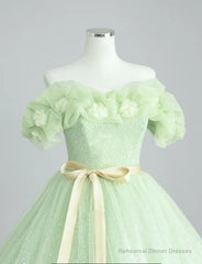 A-Line Off Shoulder Tulle Sage Green Long Prom Dresses