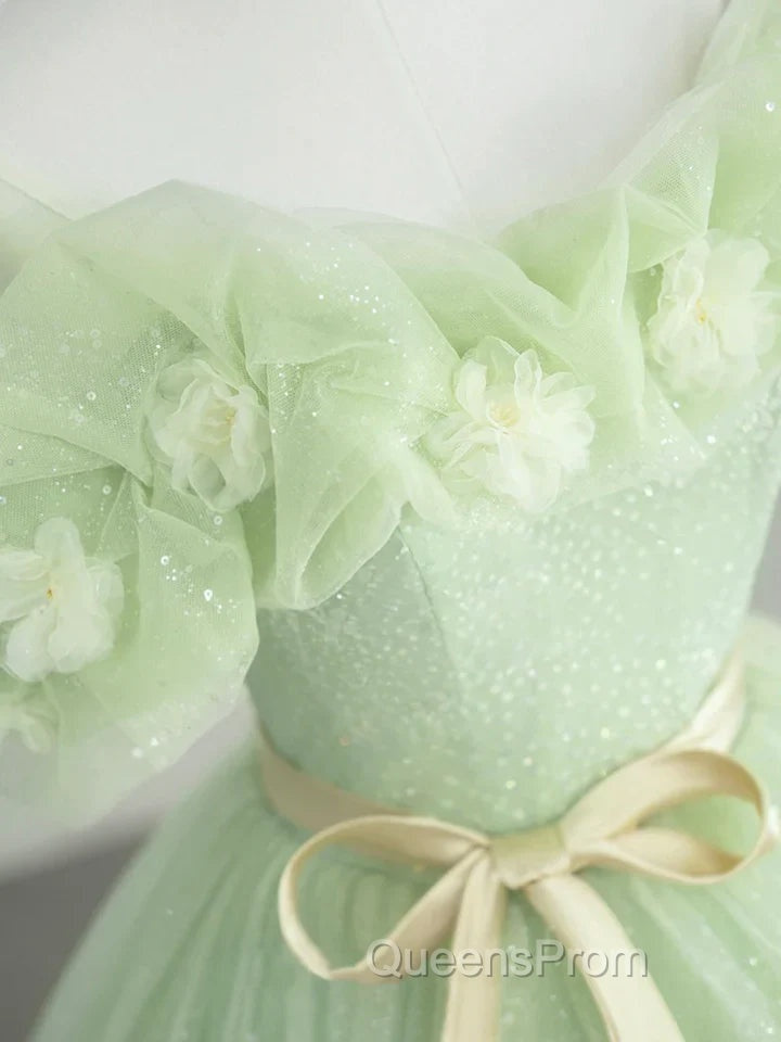 A-Line Off Shoulder Tulle Sage Green Long Evening Prom Dress