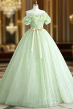 A-Line Off Shoulder Tulle Sage Green Long Evening Prom Dress