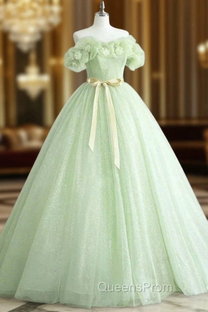 A-Line Off Shoulder Tulle Sage Green Long Evening Prom Dress
