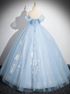 A-Line Off Shoulder Tulle Sequin Blue Long Evening Prom Dress, Blue Sweet 16 Dress