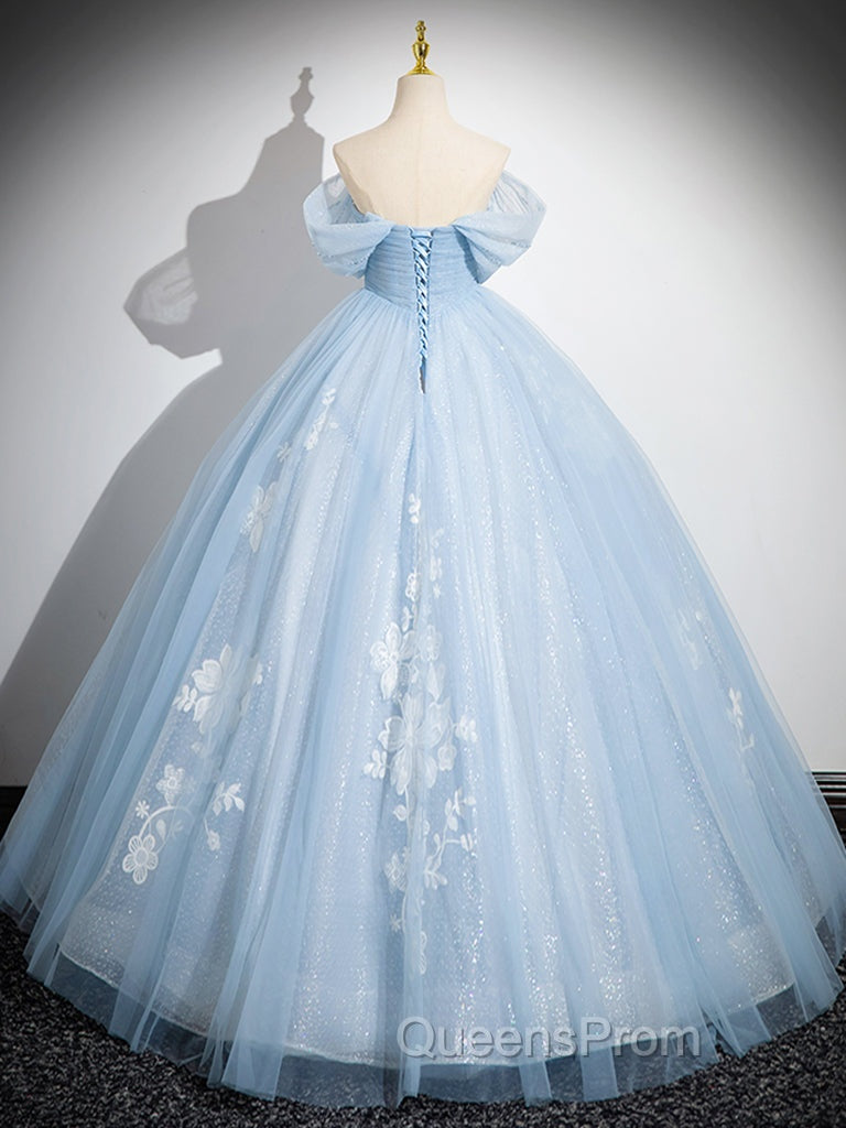 A-Line Off Shoulder Tulle Sequin Blue Long Evening Prom Dress, Blue Sweet 16 Dress