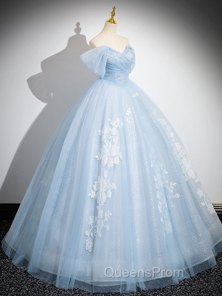A-Line Off Shoulder Tulle Sequin Blue Long Evening Prom Dress, Blue Sweet 16 Dress