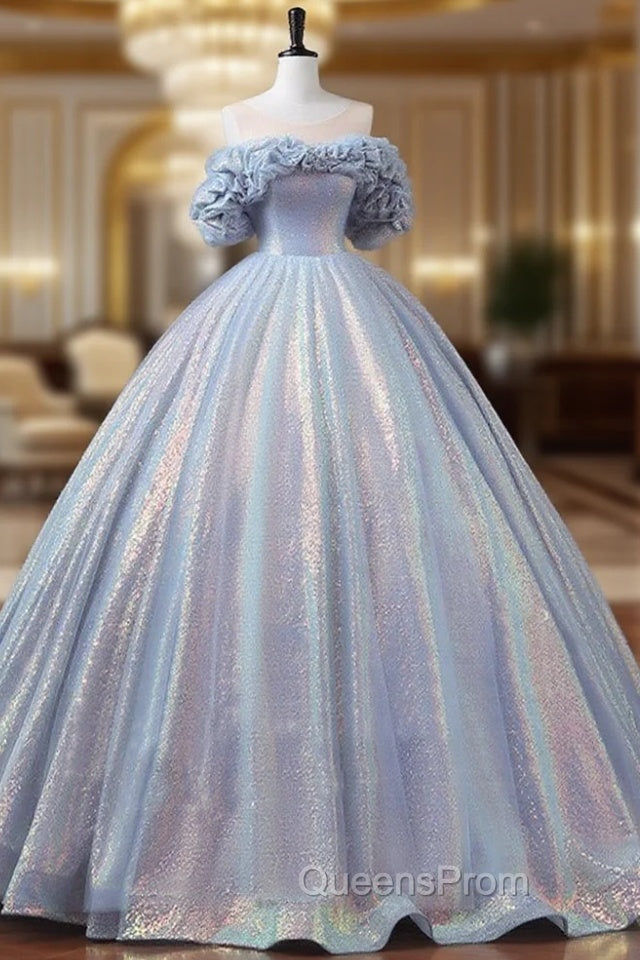 A-Line Off Shoulder Tulle Sequin Blue Purple Long Evening Prom Dress, Sequin Evening Dress Main image