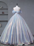 A-Line Off Shoulder Tulle Sequin Blue Purple Long Evening Prom Dress, Sequin Evening Dress