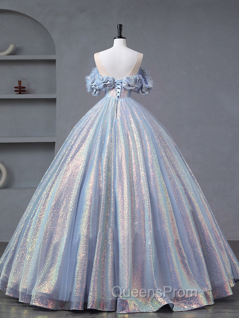 A-Line Off Shoulder Tulle Sequin Blue Purple Long Evening Prom Dress, Sequin Evening Dress