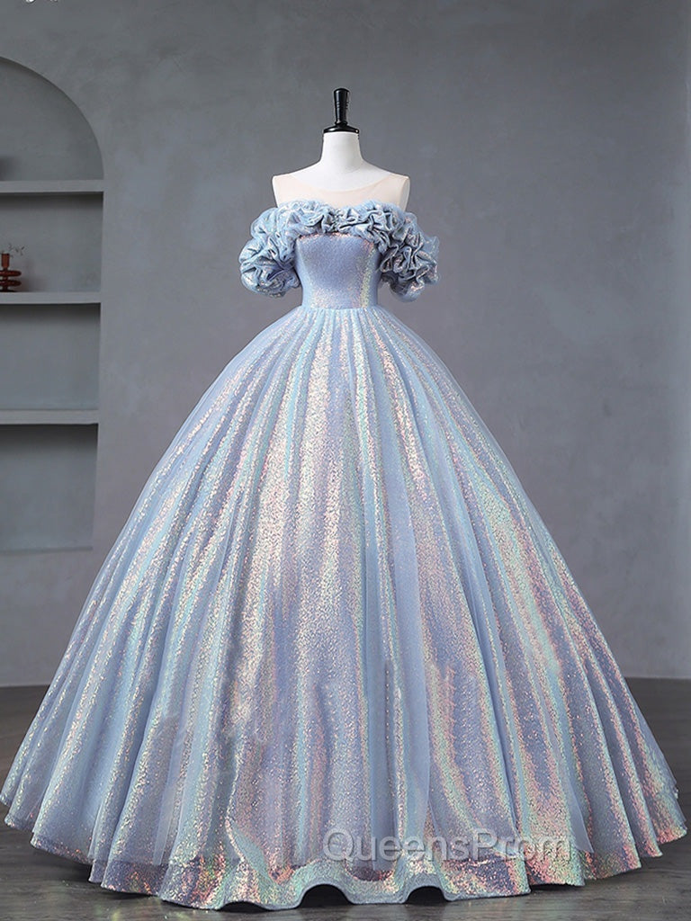 A-Line Off Shoulder Tulle Sequin Blue Purple Long Evening Prom Dress, Sequin Evening Dress