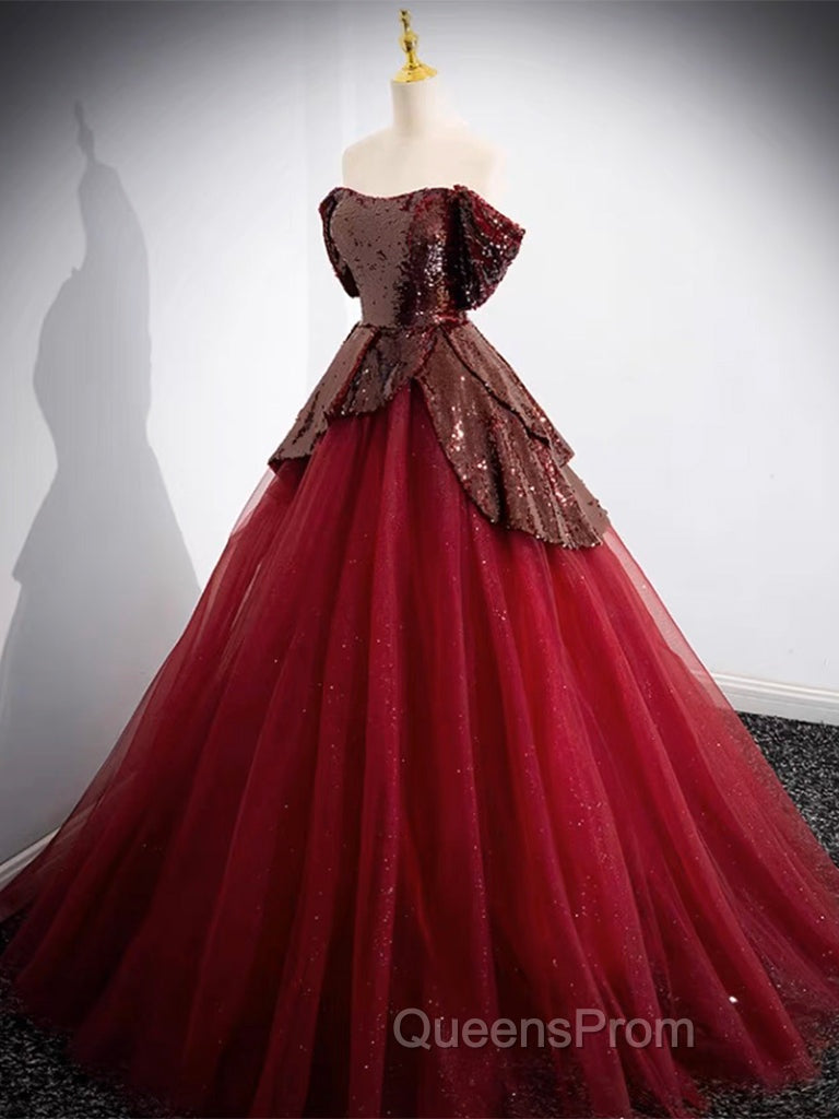 A-Line Off Shoulder Tulle Sequin Burgundy Long Evening Prom Dress, Burgundy Evening Dress Secondary image