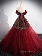 A-Line Off Shoulder Tulle Sequin Burgundy Long Evening Prom Dress, Burgundy Evening Dress