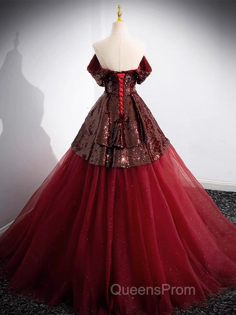 A-Line Off Shoulder Tulle Sequin Burgundy Long Evening Prom Dress, Burgundy Evening Dress