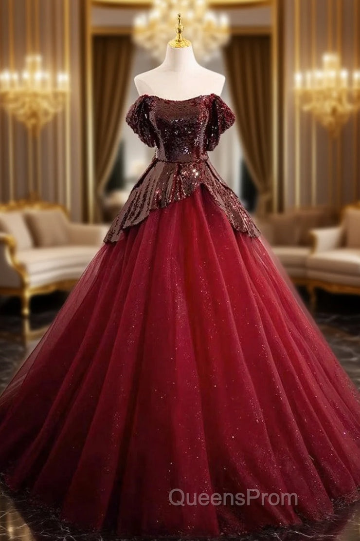 A-Line Off Shoulder Tulle Sequin Burgundy Long Evening Prom Dress, Burgundy Evening Dress Main image