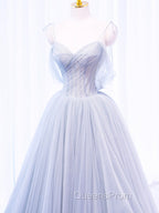 A-Line Off Shoulder Tulle Sequin Gray Long Evening Prom Dress, Gray Tulle Evening Dress