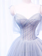 A-Line Off Shoulder Tulle Sequin Gray Long Evening Prom Dress, Gray Tulle Evening Dress
