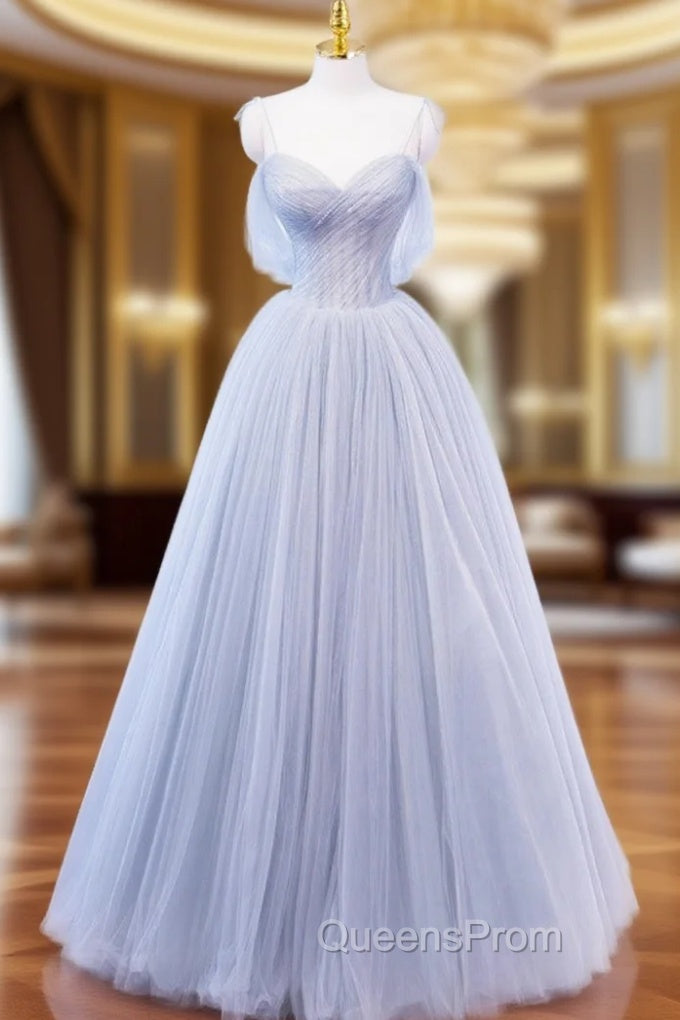 A-Line Off Shoulder Tulle Sequin Gray Long Evening Prom Dress, Gray Tulle Evening Dress