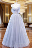 A-Line Off Shoulder Tulle Sequin Gray Long Evening Prom Dress, Gray Tulle Evening Dress