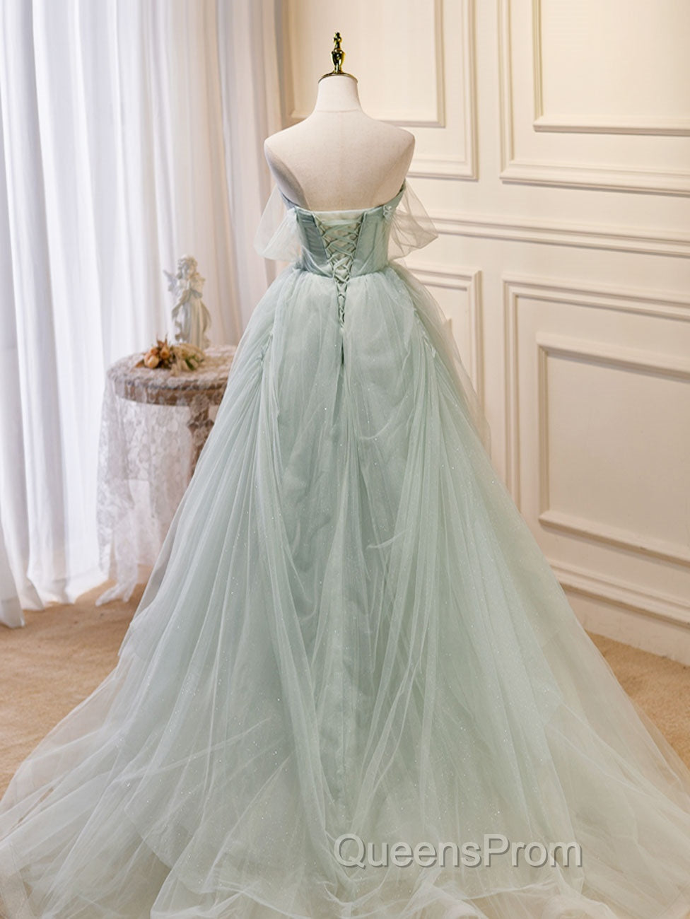 A-Line Off Shoulder Tulle Sequin Green Long Evening Prom Dress, Green Formal Dress