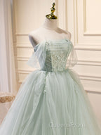 A-Line Off Shoulder Tulle Sequin Green Long Evening Prom Dress, Green Formal Dress