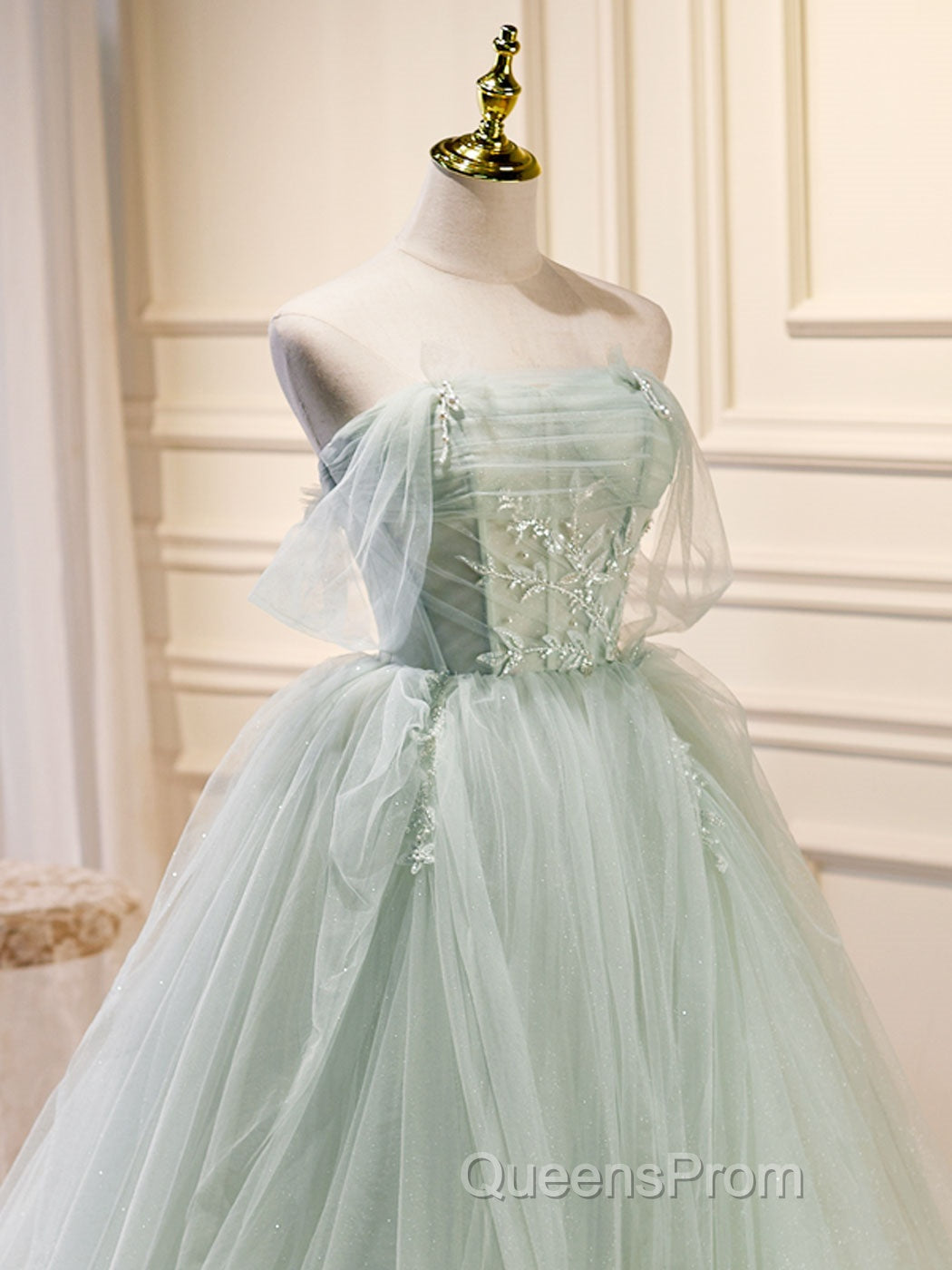 A-Line Off Shoulder Tulle Sequin Green Long Evening Prom Dress, Green Formal Dress