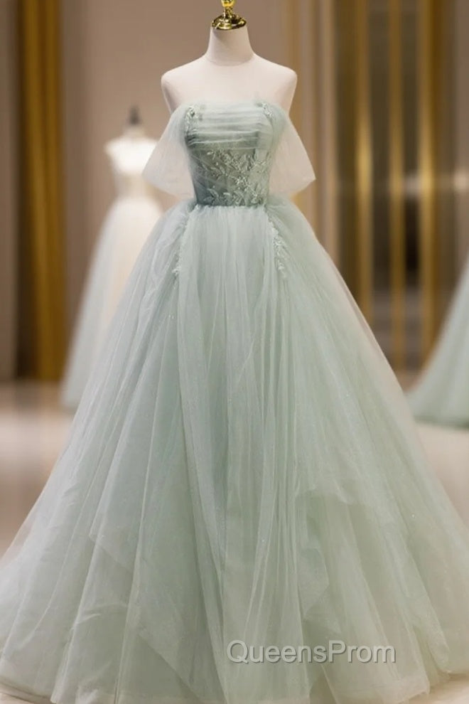 A-Line Off Shoulder Tulle Sequin Green Long Evening Prom Dress, Green Formal Dress Main image