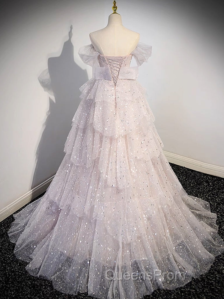 A-line Off Shoulder Tulle Sequin Light Pink Long Evening Prom Dress,Sequin Long Evening Dress Secondary image