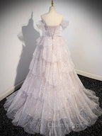 A-line Off Shoulder Tulle Sequin Light Pink Long Evening Prom Dress,Sequin Long Evening Dress