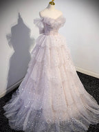 A-line Off Shoulder Tulle Sequin Light Pink Long Evening Prom Dress,Sequin Long Evening Dress